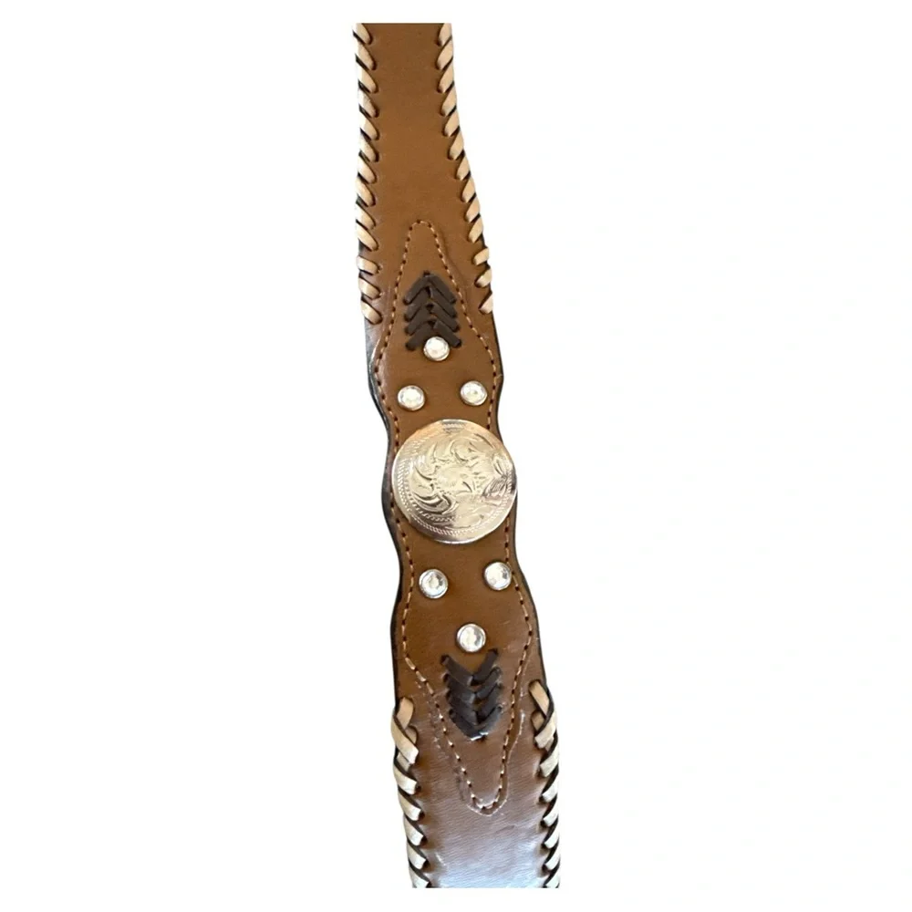 Womens Western Brown Leather Belt Small Concho Braided Laced Rhinestones Cowgirl